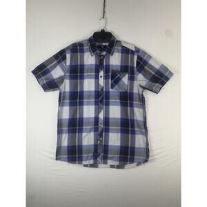 AO Shirt Mens XL Blue Plaid Short Sleeve Button Up Pocket Cotton Blend Casual